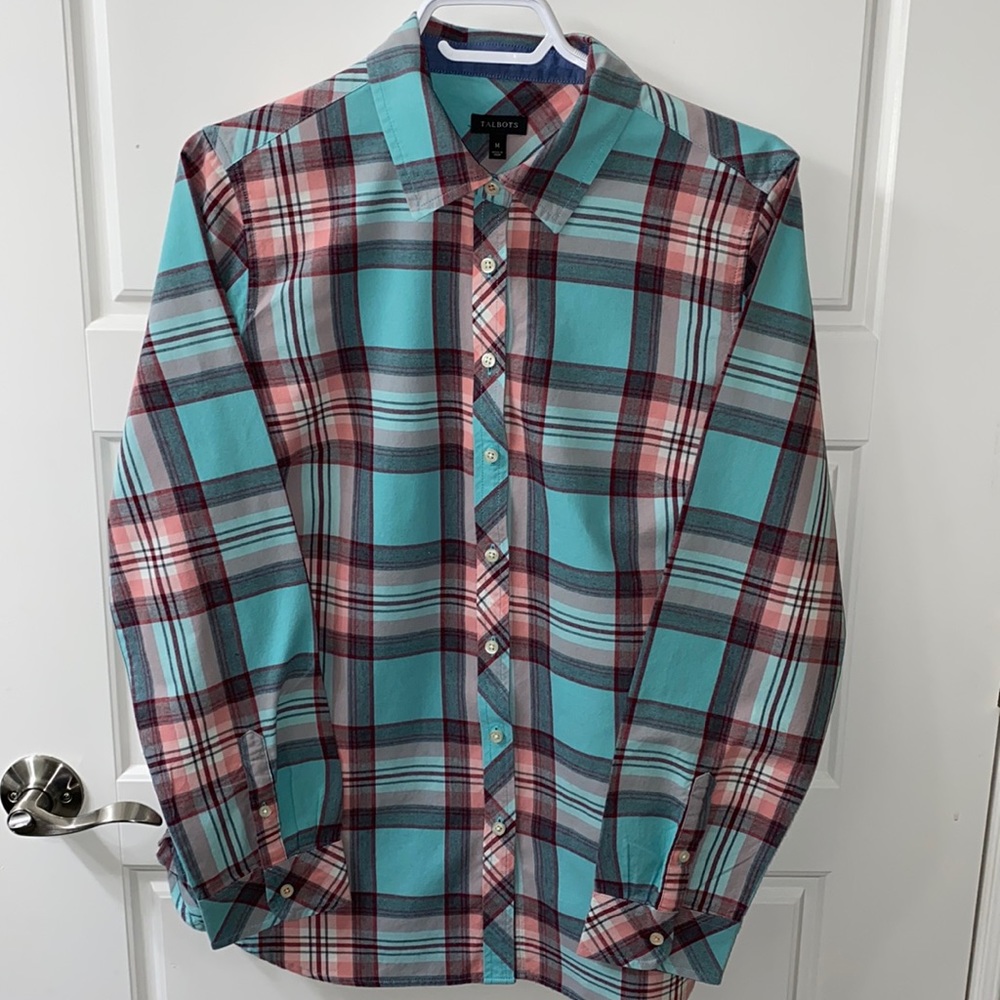 Talbots cotton button front plaid shirt classic timeless casual Size medium